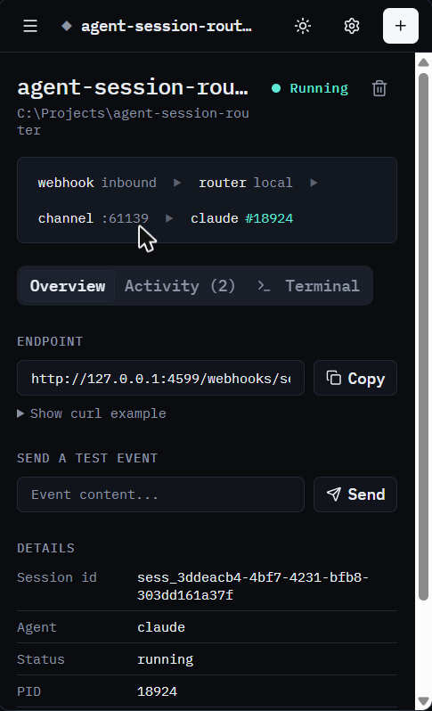 The same router on a 390px-wide phone screen: a collapsed session rail behind a menu button, the signal path wrapped onto two lines, and the webhook endpoint with a copy button.
