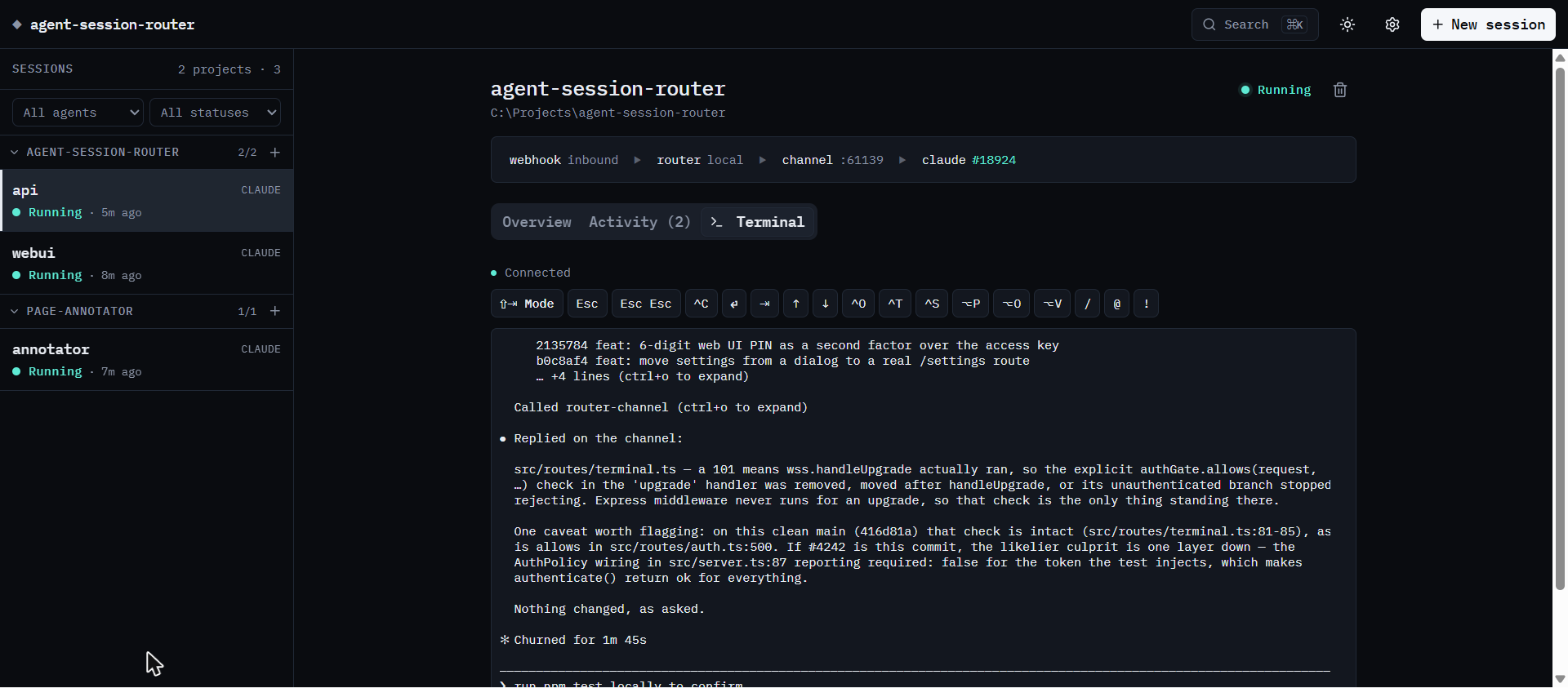 The Terminal tab of the same session, showing Claude Code's own interface with the routed event and the line 'Replied on the channel', above a row of on-screen keys: Mode, Esc, Ctrl-C, arrows and modifiers.